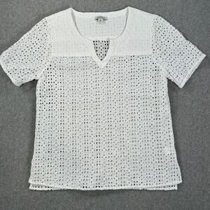 Lucky Brand Eyelet Blouse Women's Medium White V-Neck Short Sleeve Sheer Top